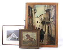 Three 20th century paintings. Comprising a watercolour of a horse signed 'David Mylchv--ed', 16.