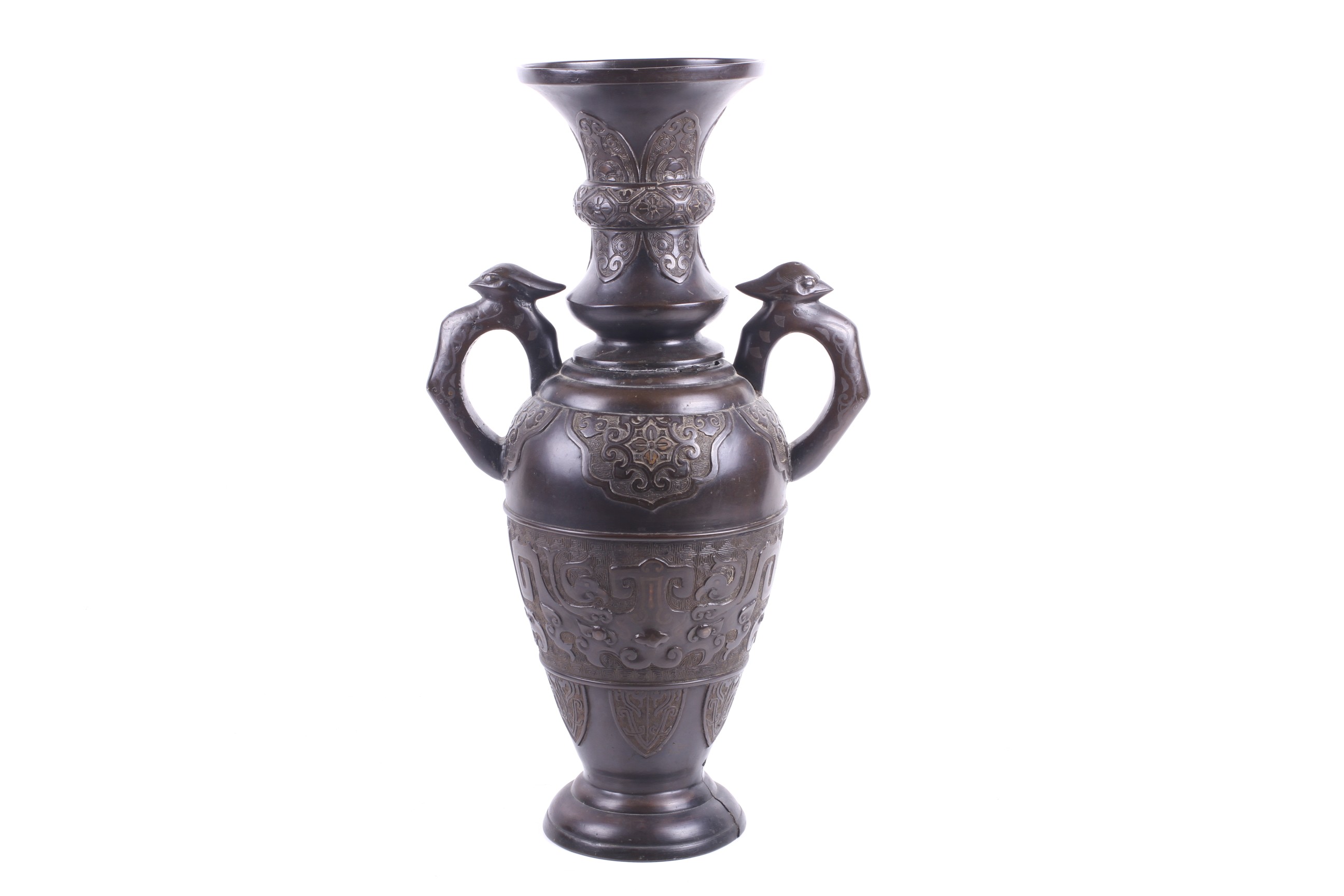 An early 20th century large Japanese inlaid bronze urn.