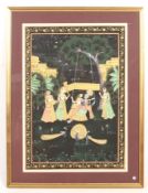 A 20th century Indian school watercolour on textile. Depicting figures on a garden swing, 50cm x 34.