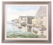 Dirk H De Vries, oil on board, 'Fowey, Cornwall, Town Quay at High Tide'.