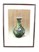 A Chinese satin stitch embroidery of a vase decorated with a black dragon.