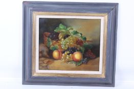 20th Century 'Still life - basket of fruit' oil on canvas. Unsigned. 30cm x 27cm.