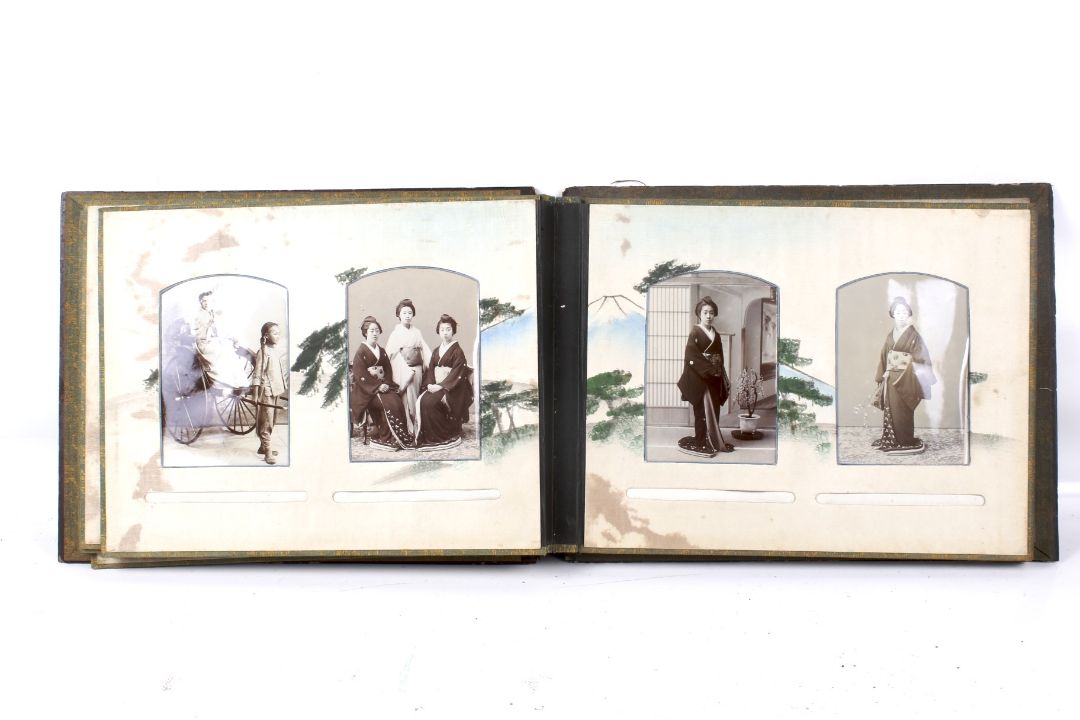 A Japanese early 20th century lacquer album of period photographs and postcards. - Image 6 of 7