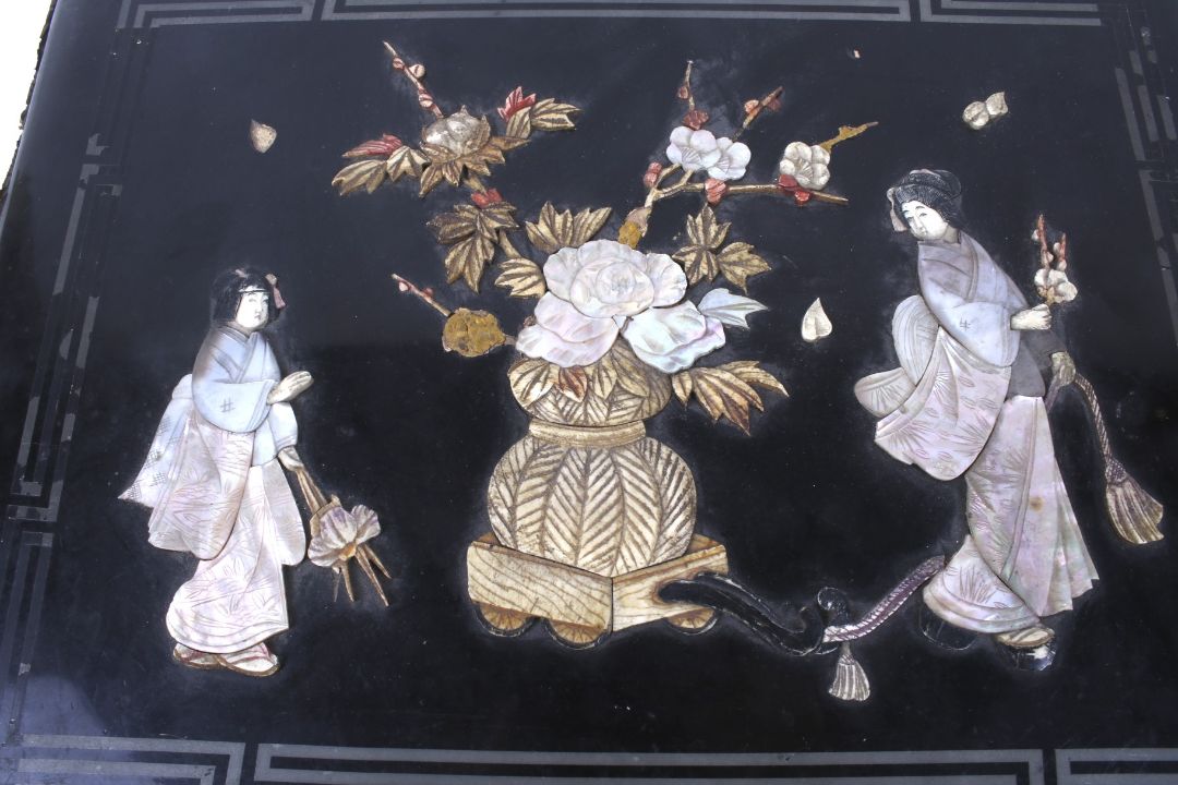 A Japanese early 20th century lacquer album of period photographs and postcards. - Image 2 of 7