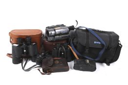 An assortment of cameras and binoculars.