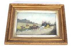 Oil on board 'Mail Coach and hunting scene'.