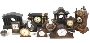 Ten Victorian and later wall and mantel clocks and parts.