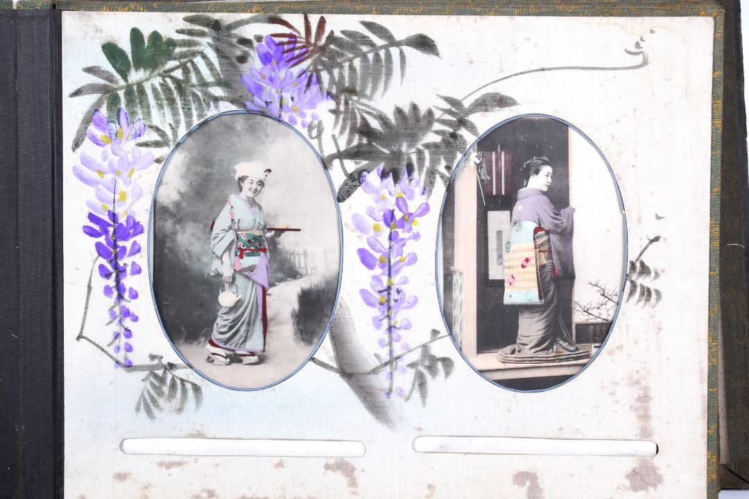 A Japanese early 20th century lacquer album of period photographs and postcards. - Image 4 of 7