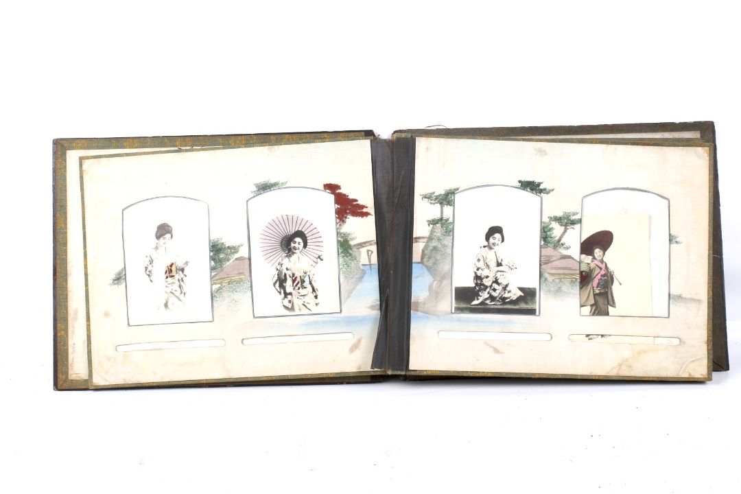A Japanese early 20th century lacquer album of period photographs and postcards. - Image 3 of 7