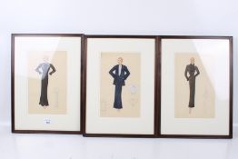 A set of three ladies watercolour and pencil fashion design sketches. Circa.