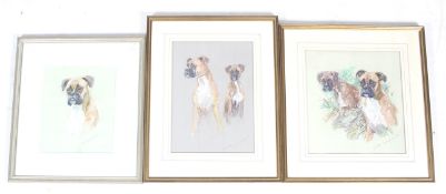 Three Myrtle Trench pastel portraits of boxer dogs. All signed, 27.5cm x 22.