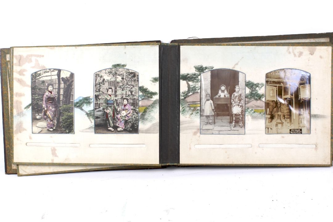 A Japanese early 20th century lacquer album of period photographs and postcards. - Image 5 of 7