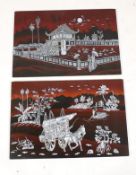 Two Oriental mother of pearl lacquered picture plaques. Both showing figures in a landscape.