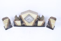 An Art Deco marble clock garniture. Dial 'H. Dehame' with with figural birds.