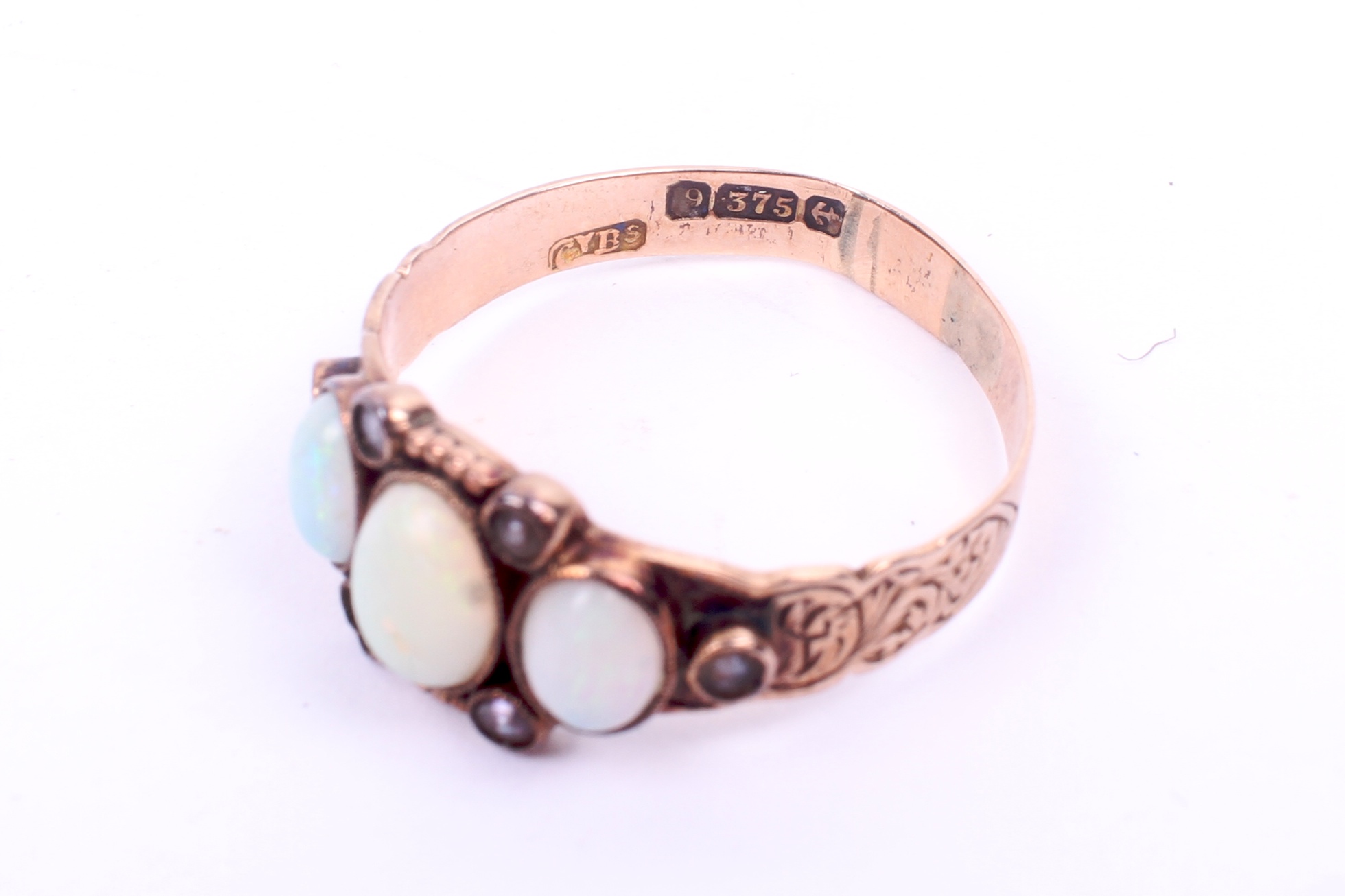 Two 20th century opal set gold dress rings. One hallmarked 9ct gold, size P, 1.7g gross. - Image 3 of 3