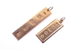 Two 9ct gold ingots. 44mm and 27mm, 11.