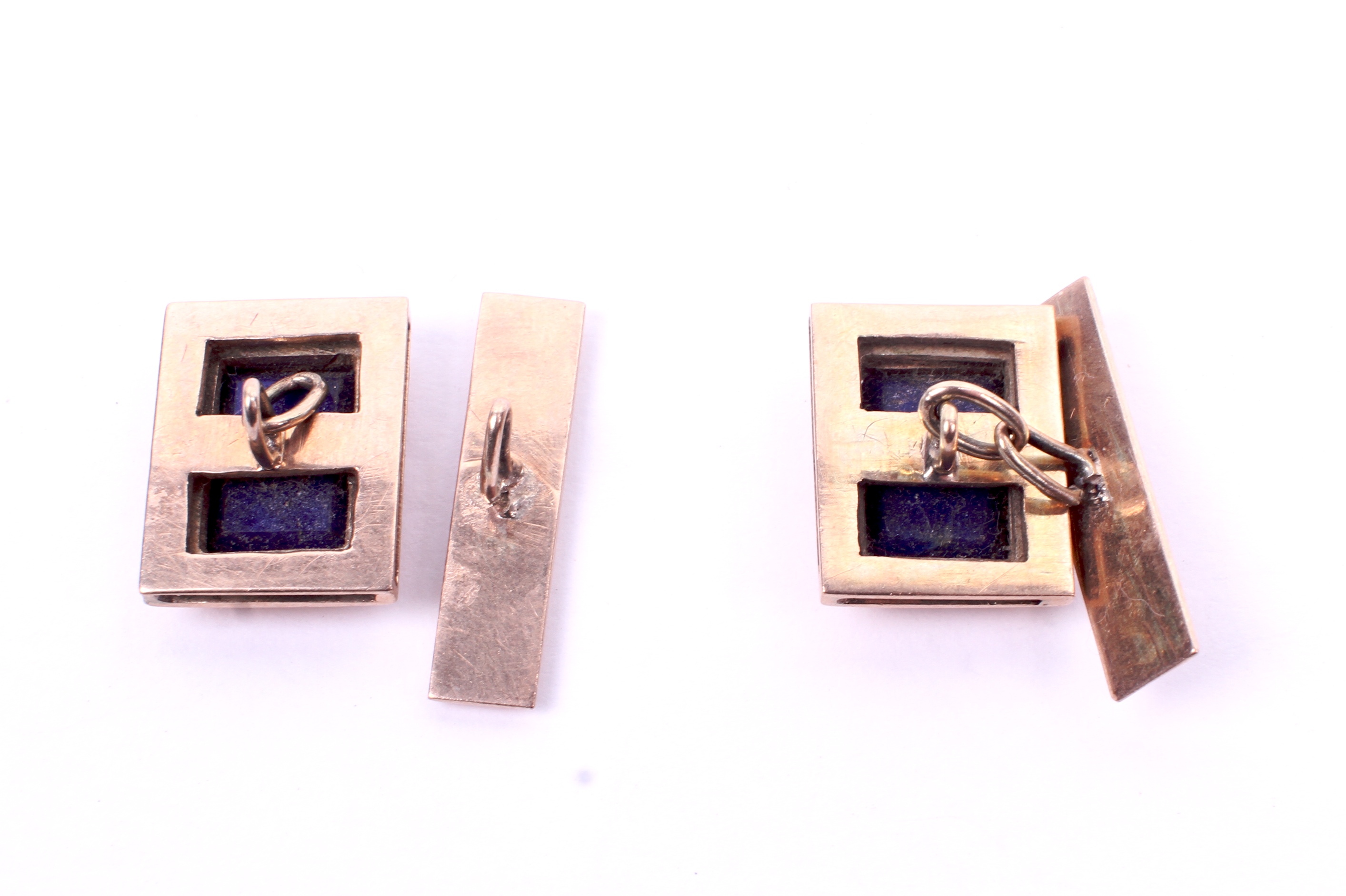 A pair of yellow metal and lapis lazuli cufflinks. - Image 2 of 2