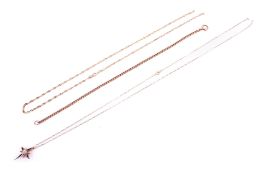 Three yellow metal chains and a pendant. Comprising a curb link necklace, marked '375', L50cm, 0.