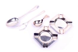 Two silver Mappin & Webb ashtrays, a silver dessert spoon, feeding spoon and a meat fork.