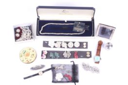 A cultured pearl single row necklace various costume jewellery and other items.