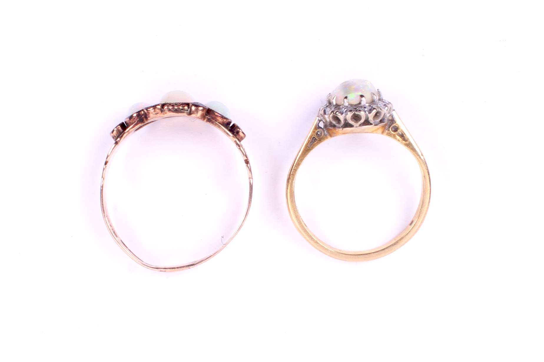 Two 20th century opal set gold dress rings. One hallmarked 9ct gold, size P, 1.7g gross. - Image 2 of 3
