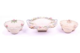 Three Belleek porcelain woven baskets.