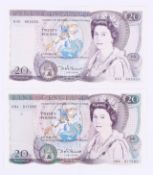 Two Somerset £20 bank notes. Serial numbers H40 695855 and 09A 317282.