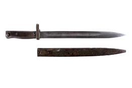 A German WWI ersatz bayonet. No legible markings, blade L31cm, with metal scabbard.
