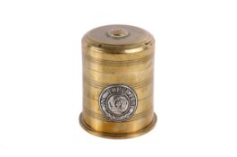 A German Trench Art lidded pot. Made from a WWI German (Dusseldorf) shell dated July 1910.