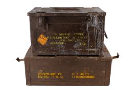 A metal and a wooden military box and contents.