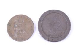 Two antique coins. Consisting of an 1841 penny and a 1797 cartwheel two pence. 75.