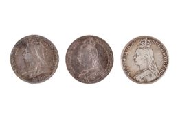 Three English crown coins. Two dated 1889 and one 1897.