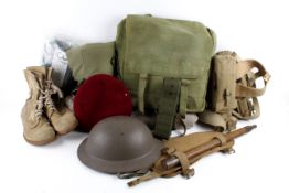 A collection of military clothing and accessories.
