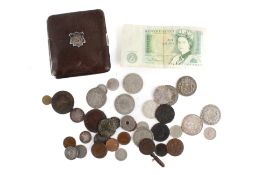 A collection of world silver coin. With two cartwheel pennies, in an old purse.
