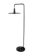 A contemporary adjustable standard lamp. Raised on a circular weighted base.
