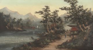 A textured 3D effect Chinese collage painting on board. Figures in the landscape.