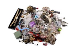 A quantity of costume jewellery. Including beaded necklaces, pendants, two ladies watches, etc.