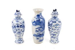 Three 20th century Chinese blue and white vases.