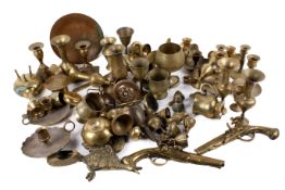 A collection of assorted brass and metalware. Including candlesticks and ornaments, etc. Max.