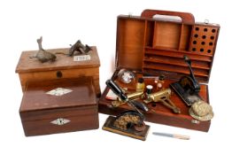 Three wooden boxes and contents. Including brass hinges and a bull dog door knocker, etc.