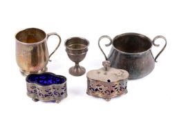 Five silver and silverplated table items.