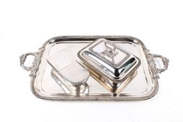 Old Sheffield plate on copper oblong tea tray with gadrooned border,