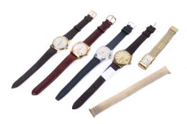 Five vintage wristwatches and one additional strap.