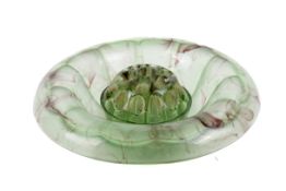 A 1930s Davidson green cloud glass bowl and frog. With swirls of brown in the glass, diameter 25cm.