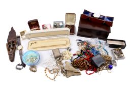 A small wooden jewellery box and assorted costume jewellery.