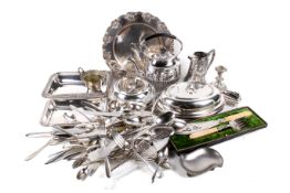 A collection of assorted silver plated items. Including a kettle, salver, tureens, etc. Max.