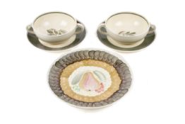 A set of two mid-century Susie Cooper Ferndown soup bowls with saucers. With a Susie Cooper plate.