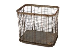 A vintage mobile wire work laundry basket. On wheels with metal floor, H71cm x W76cm x D52cm.