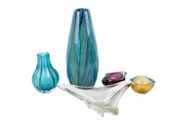 Collection of five mixed glassware items. Including a Villeroy & Boch fluted turquoise vase, etc.
