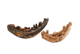 Bryan Newman (1935-2019) for Aller Pottery, two stoneware sculptures of a town on boats.